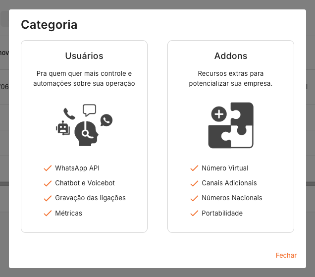 Janela Nova Assinatura com categoria Addons