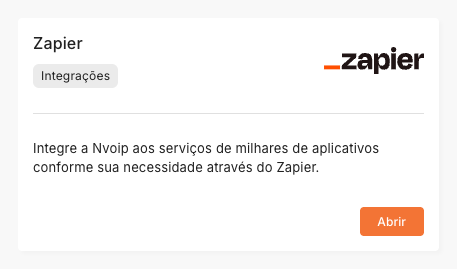 Card da integração Zapier no painel Nvoip