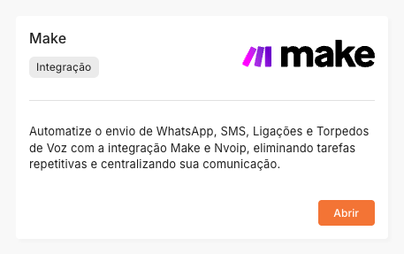 Card da integração Make no painel Nvoip