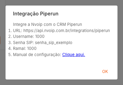 Popup de integração Piperun