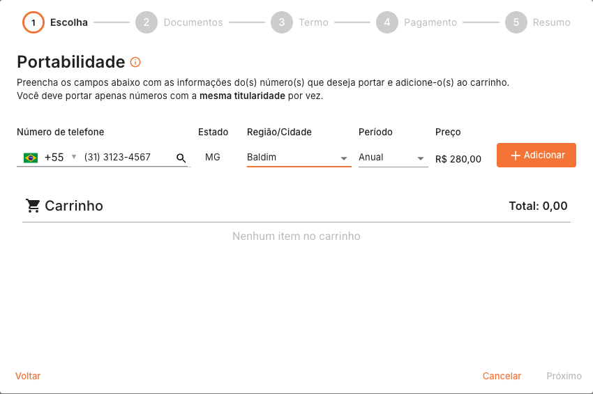 Cidade e período selecionados na portabilidade