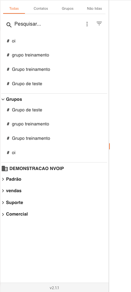 Lista lateral da área Conversas no painel Nvoip