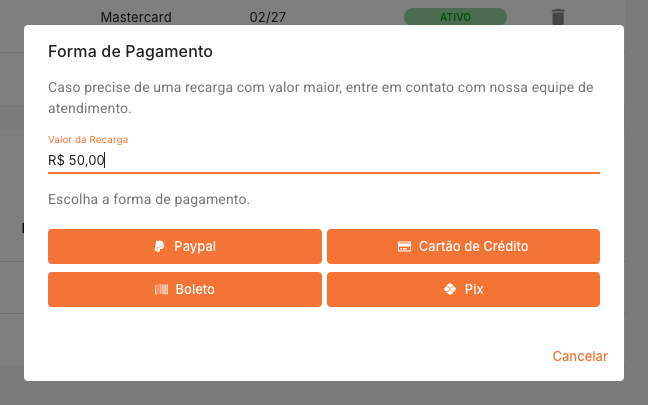 Modal de pagamento com valor de recarga preenchido