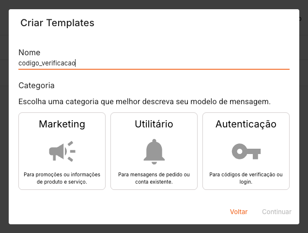 Nome e categoria do template SMS