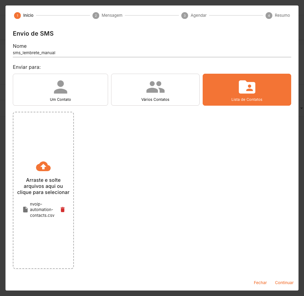 Upload de lista de contatos na automação