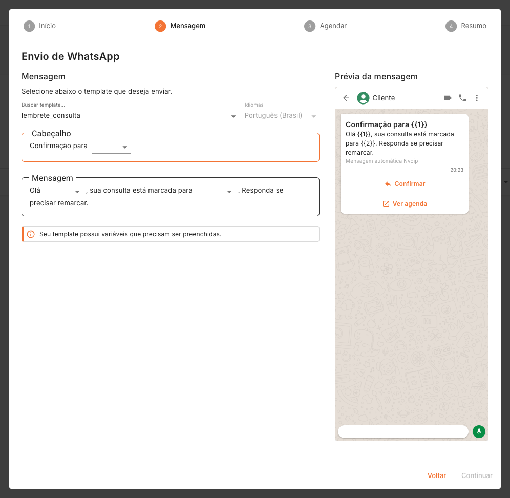 Template de WhatsApp com variáveis na automação