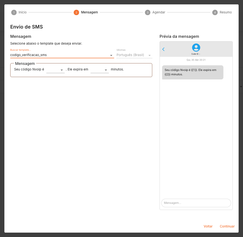 Template de SMS com variáveis na automação