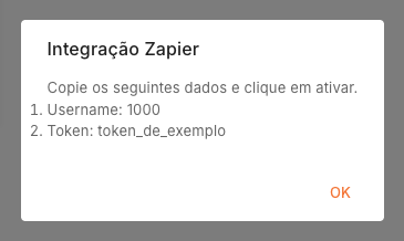 Popup da integração Zapier com usuário e token