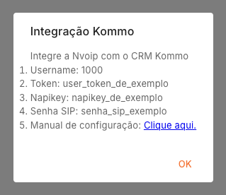 Popup de integração Kommo