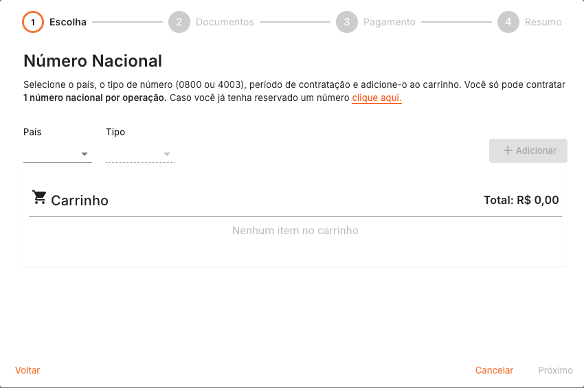 Etapa Escolha do Número Nacional sem preenchimento