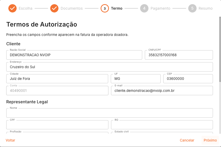 Termo de autorização da portabilidade