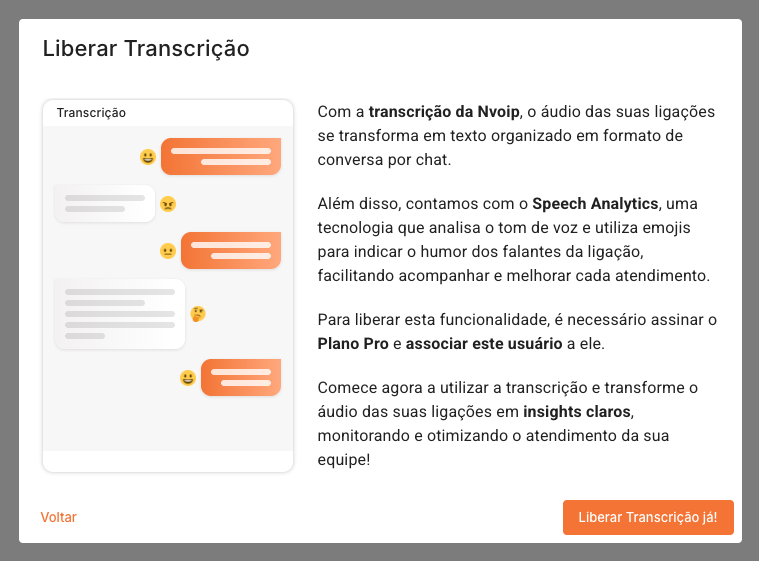 Modal Liberar Transcrição no painel da Nvoip