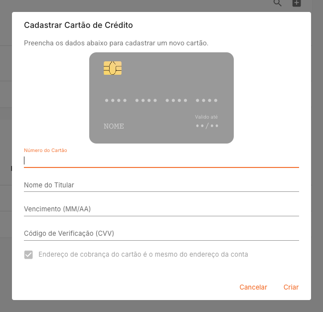 Modal Cadastrar Cartão de Crédito