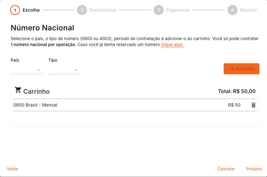 Carrinho com Número Nacional adicionado