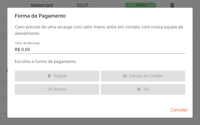 Modal Forma de Pagamento para adicionar saldo