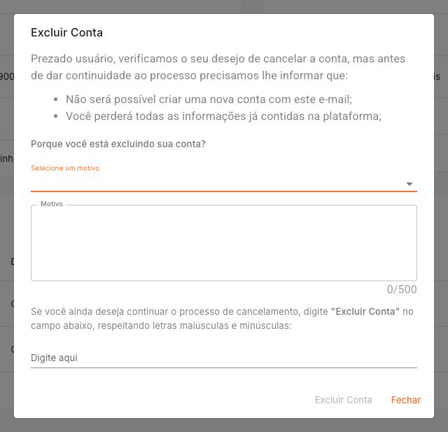 Confirmação de exclusão de conta no painel da Nvoip