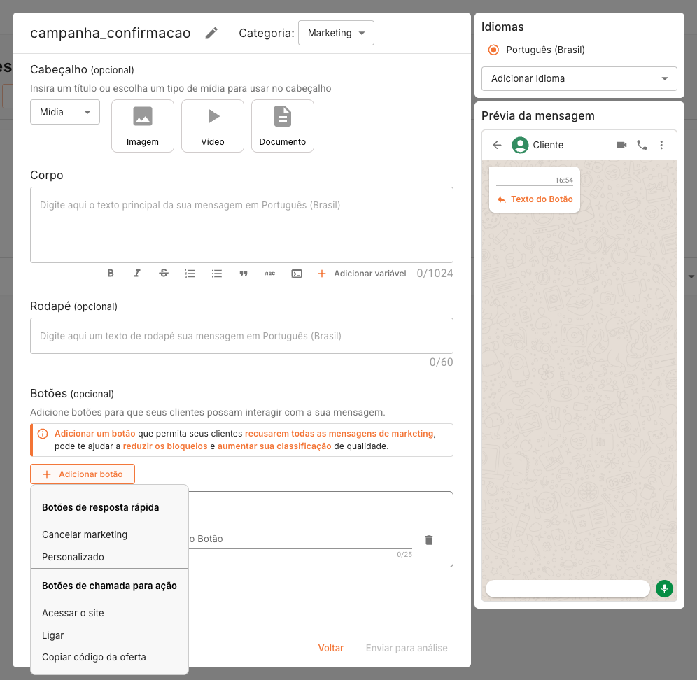 Configuração de botão de ação no template WhatsApp