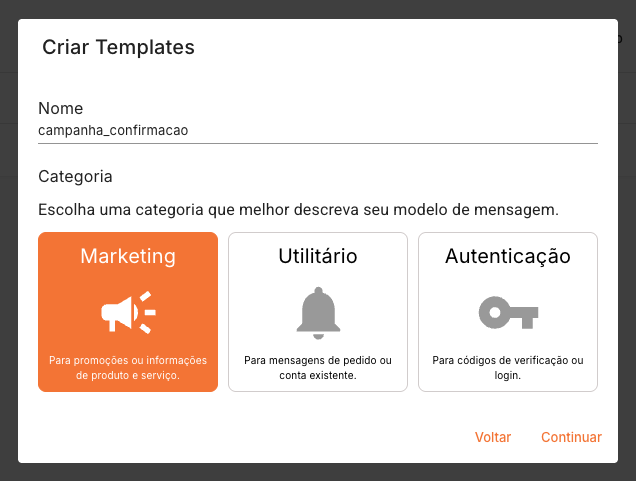 Nome e categoria do template WhatsApp