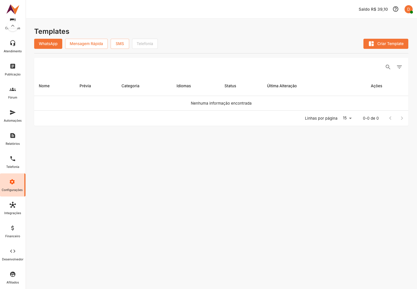 Tela de Templates no painel da Nvoip