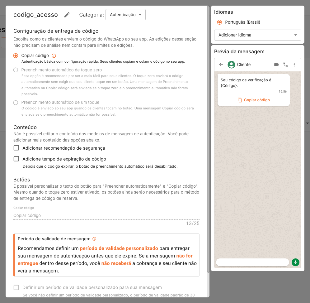 Template WhatsApp de autenticação