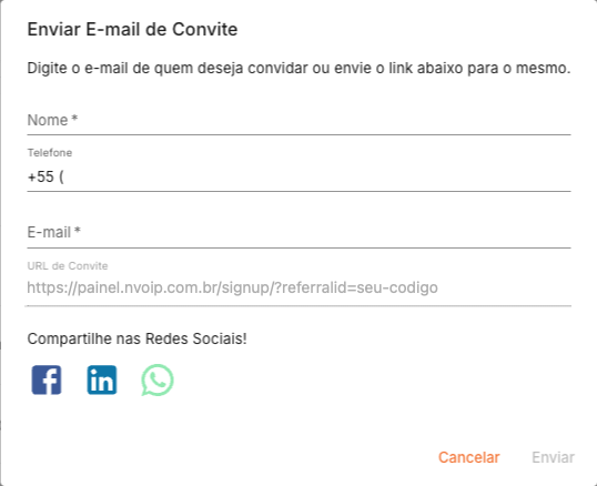 Popup para enviar convite de afiliado na Nvoip
