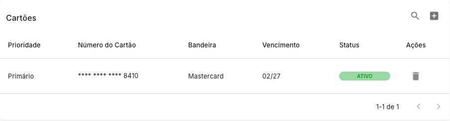 Bloco de cartões cadastrados na tela de Pagamentos