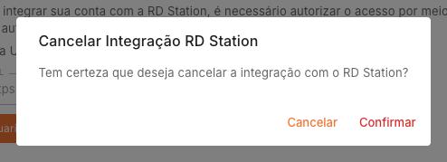 Confirmação para cancelar integração RD Station