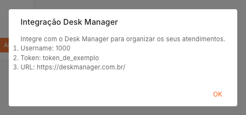 Popup de integração Desk Manager