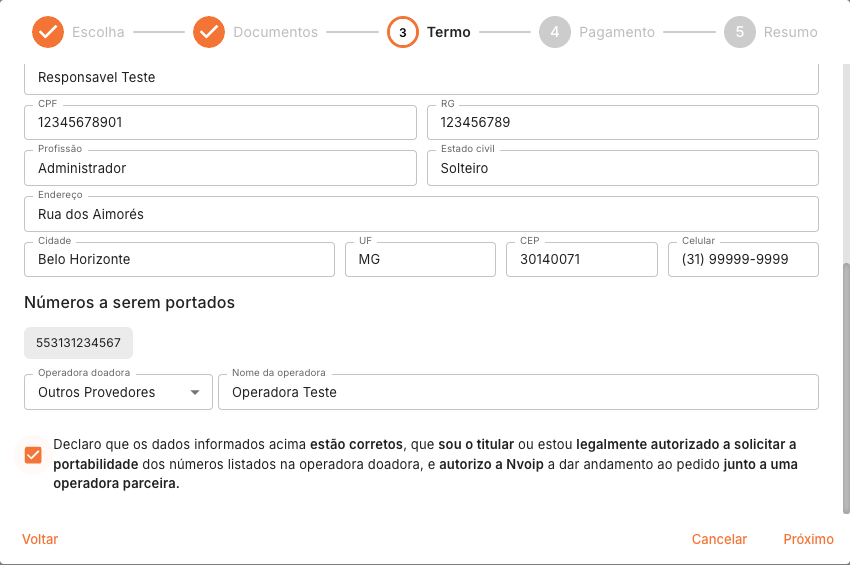 Exemplo de termo de portabilidade preenchido