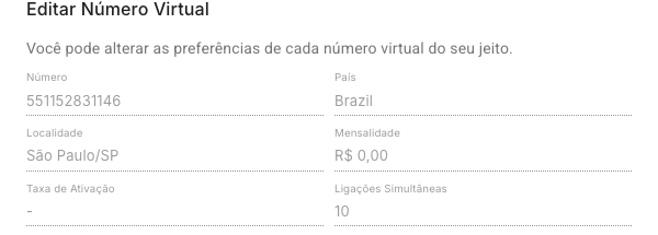 Dados do número virtual na janela de edição