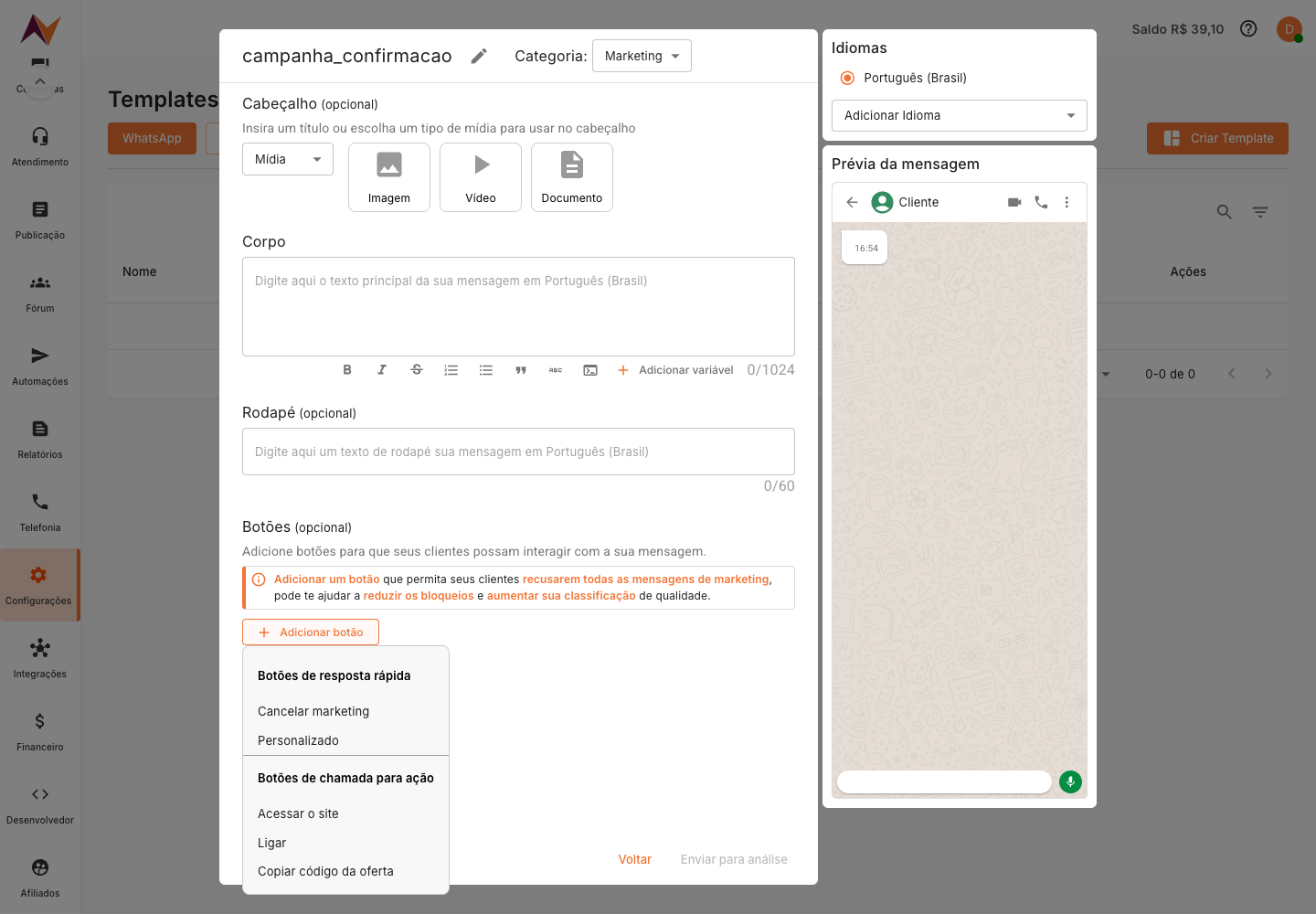 Menu de botões de template WhatsApp