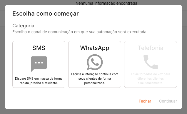 Seleção de canal para criar automação