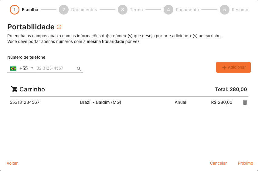 Carrinho da portabilidade com número adicionado
