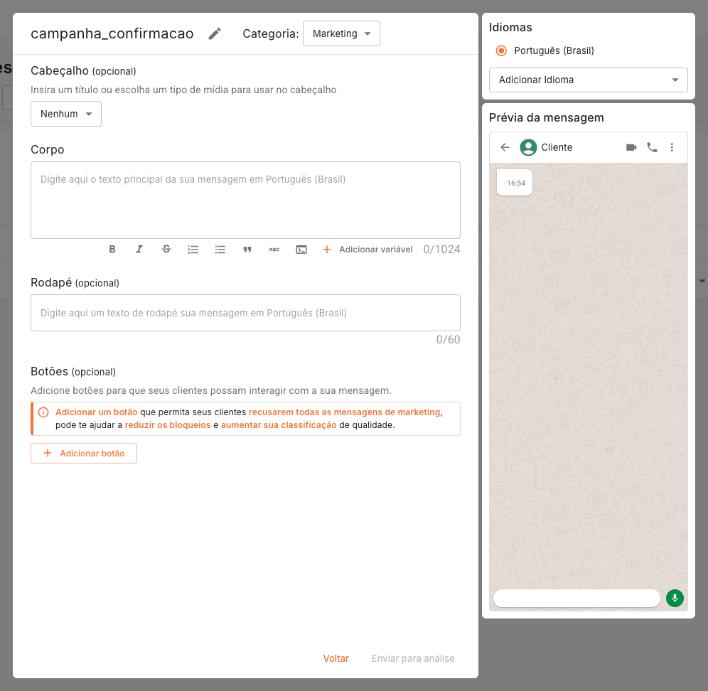 Editor de template WhatsApp com cabeçalho, corpo, rodapé e botões