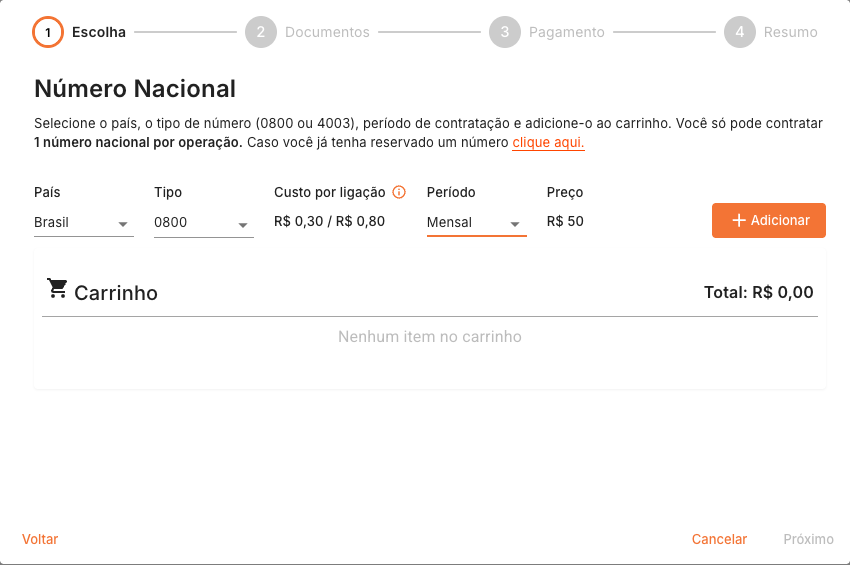 Número Nacional com país, tipo e período preenchidos